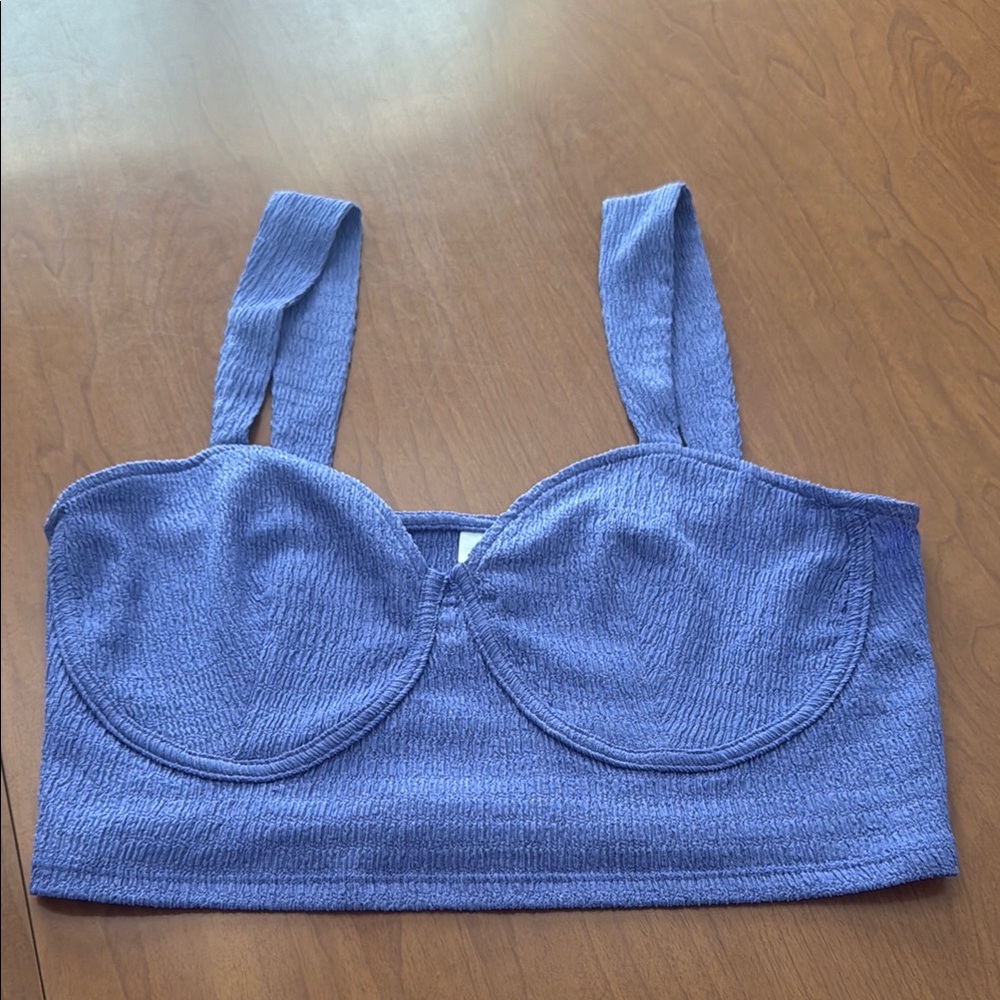 Blue Ribbed Knit Longline Bra Top